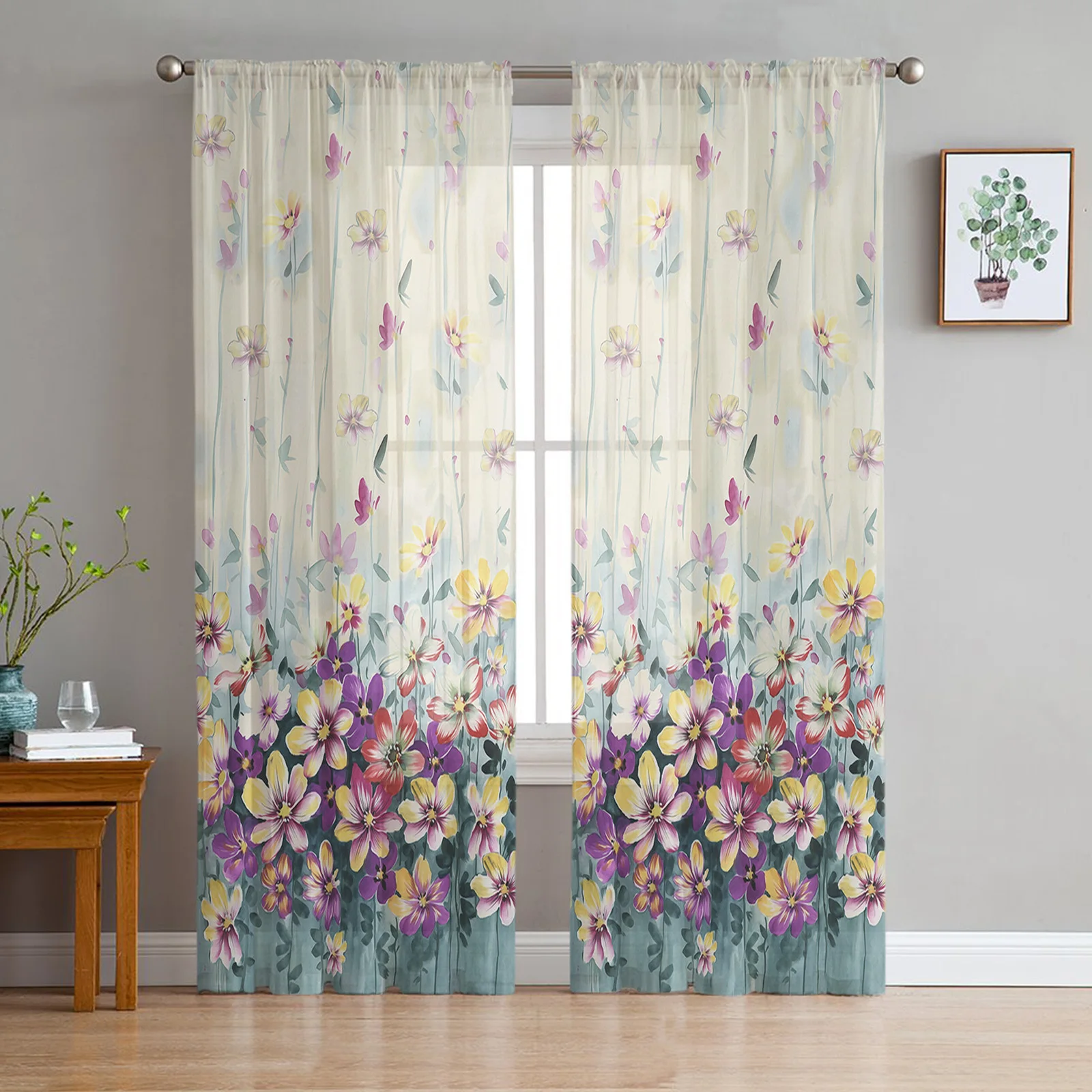 

Flowers Plants Gradient Sheer Voile Window Curtains Tulle Curtains Living Room Balcony Decoration Drapes