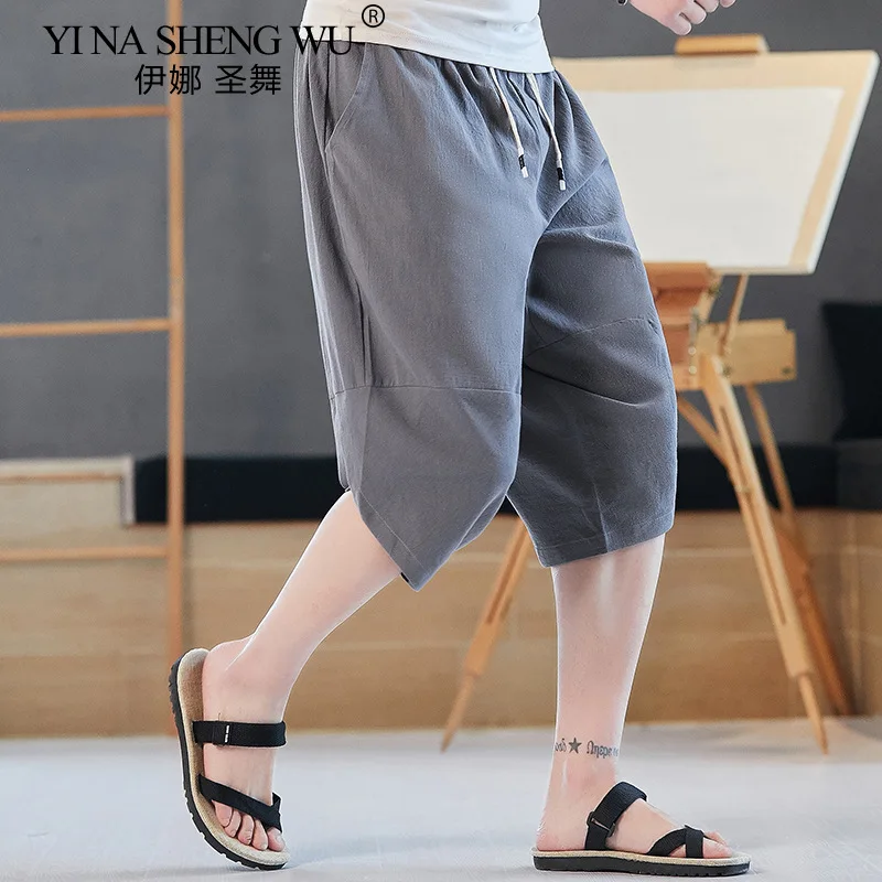 Men's Loose-fit Linen Short Traditional Chinese Style Embroidered Fish Beach Trouser Trendy Wide-leg Harlan Bloomer