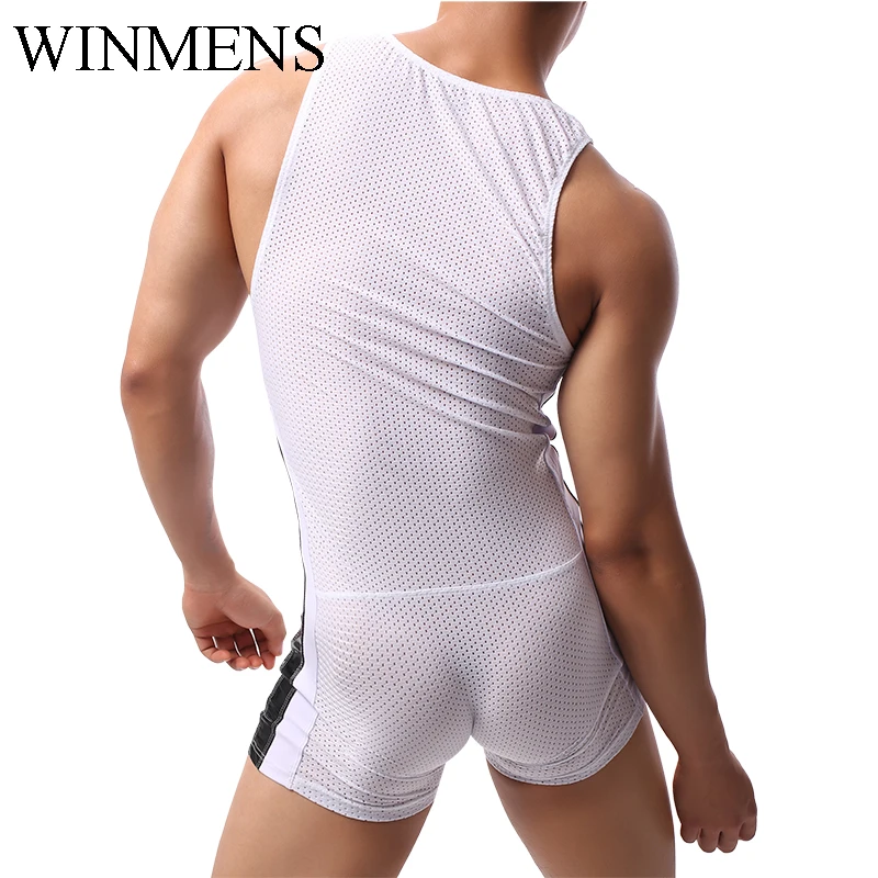 PU Leather Breathable Mesh Mens One Piece Pajama Sleeveless Sports Jumpsuit Adult Running Sportswear O-neck Fitness Yoga Clothes