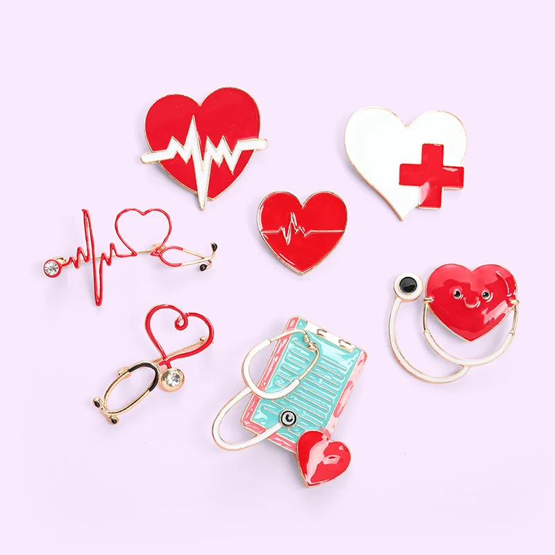 Qiaoren 7pcs Kawaii Cute Cartoon Hearing Device Heart Red Cross Brooch for Women 2023 New Clothing Accessories to Friends Gifts