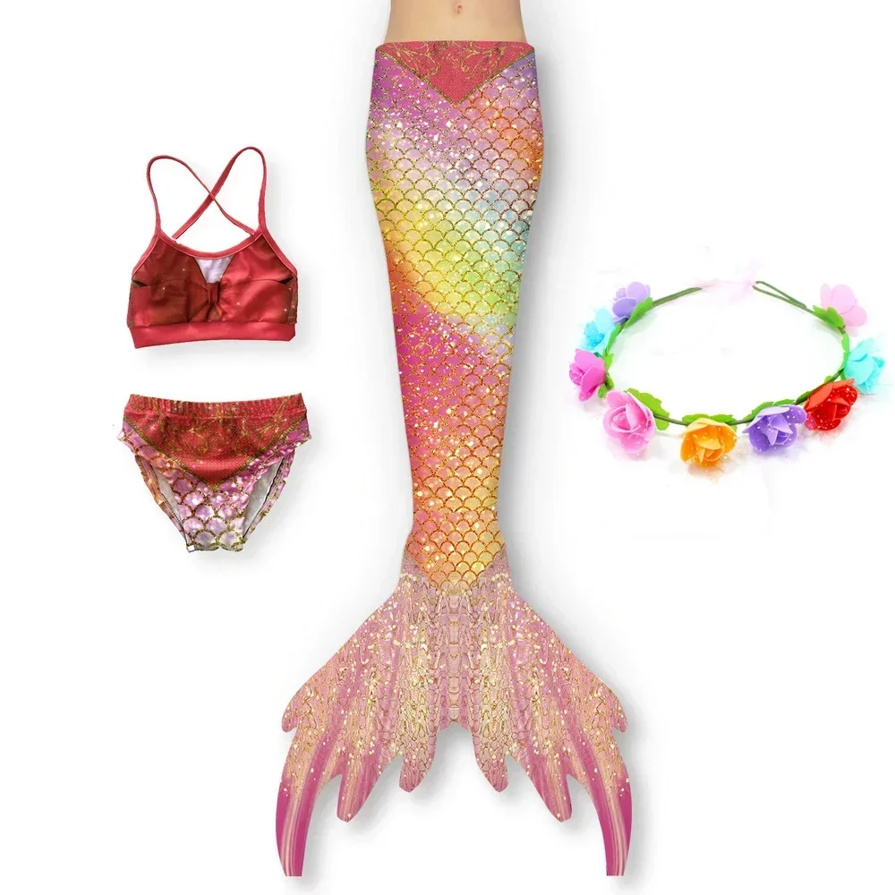 Traje de baño cola sirena para niñas, Cosplay Ariel, conjunto de 4 piezas, ropa de playa para niños, conjunto de Bikini