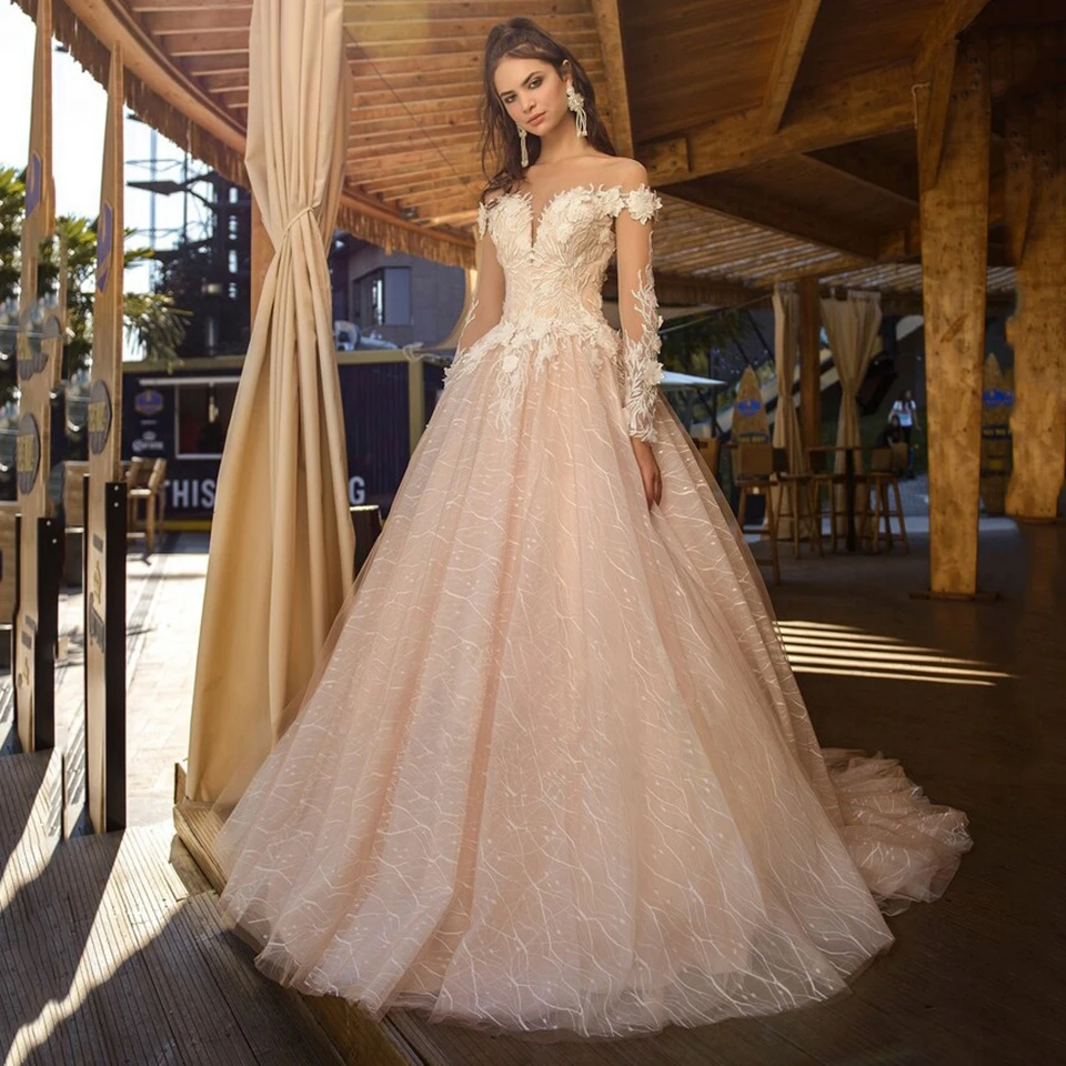 

Luxury O-Neck Lace Appliques Long Sleeves Beaded Wedding Dress 2024 Ball Gown Floor Length Sweep Train Custom Made Bridal Gown