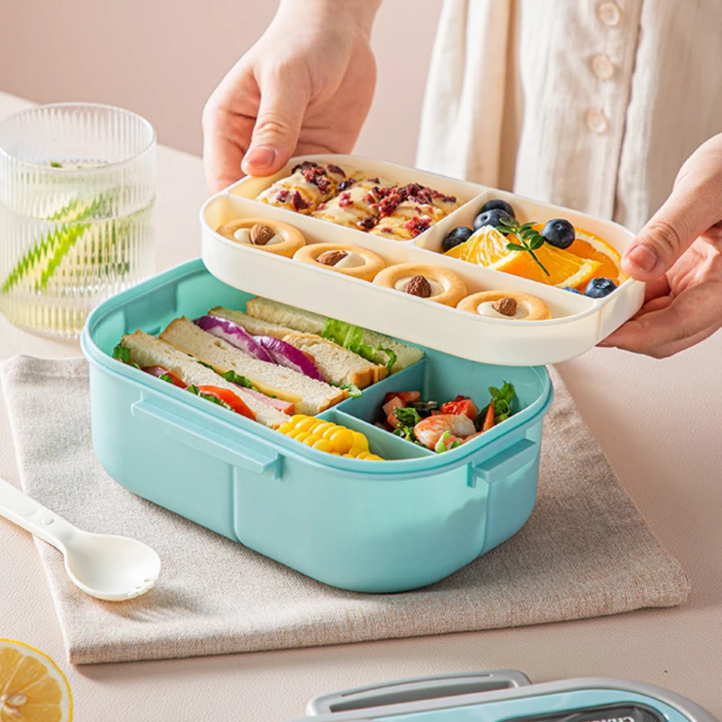 

Double Layer Lunch Box Microwave Bento Box With Fork Spoon Portable Compartment Fruit Food Sealed Fresh-Keeping Container