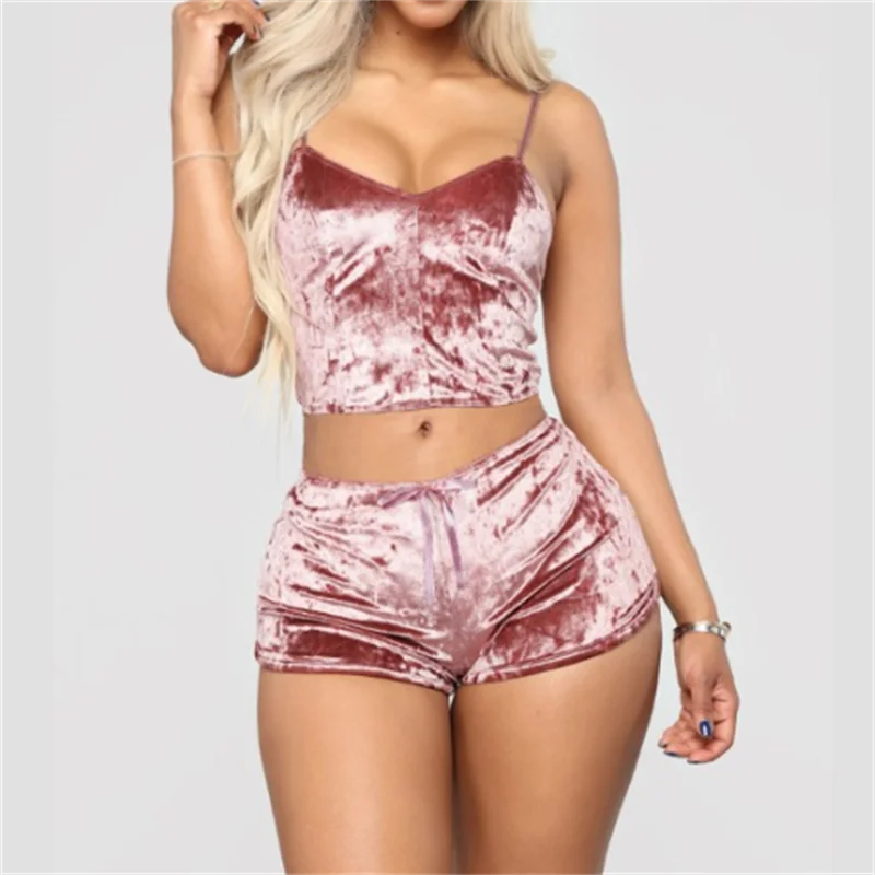 Women 2 Piece Set Velvet Sleepwear Sexy Spaghetti Strap Shorts Pajamas Suit Ladies Casual Party Set Pullover Elastic Waist Full ladies loungewear Women's Sets