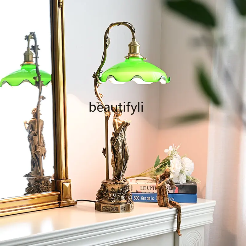 

zq Retro Copper Table Lamp American Style Nostalgic Study and Bedroom Bedside Decorative Lamp