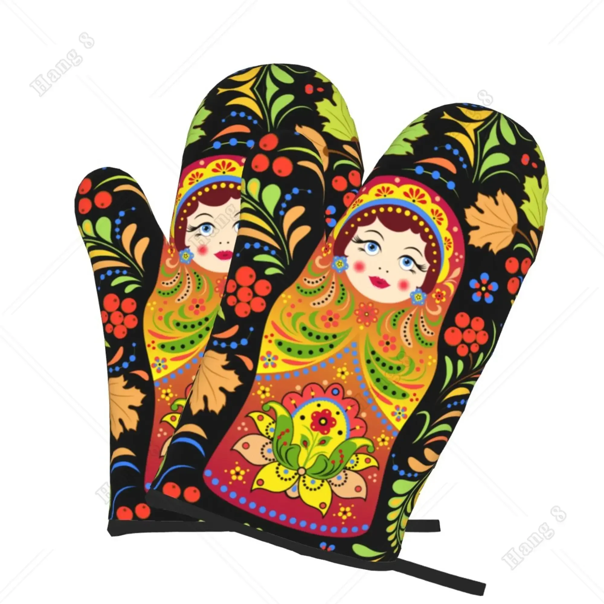 Fashion Print Russian Babushka Matryoshka Doll Set of 2 Kitchen Gloves Women Men Oven Gloves Heat Resistant for BBQ Cooking kitchen gloves