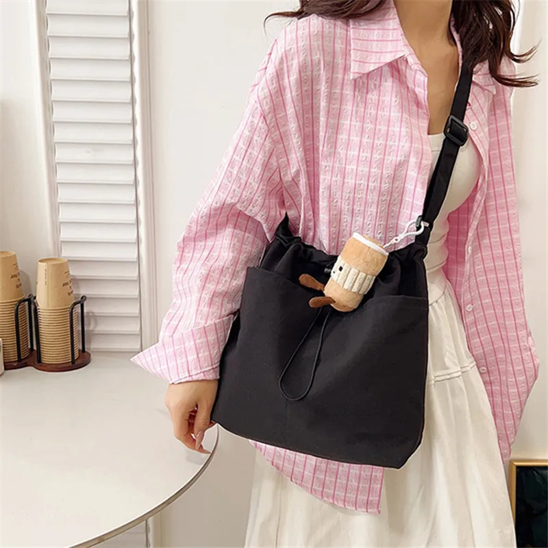 Washed Fabric Pleats Bucket Bag, Made Waterproof Nylon Drawstring Fold Cross Body Bags, Casual Versatile Shoulder Messenger Bag