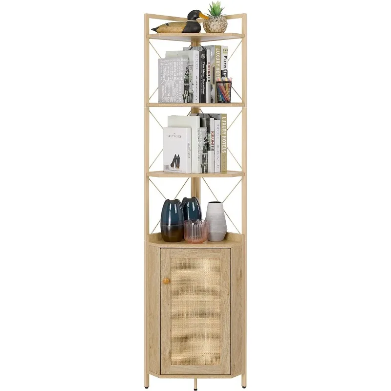 

Finnhomy Corner Shelf with Cabinet, 71 Inches Multipurpose Corner Cabinet with Rattan Decorated Doors, Corner Storage Shelves