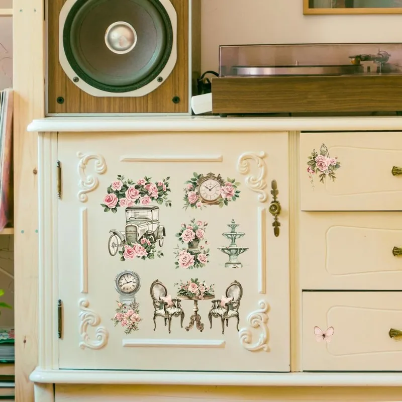 Decalcomanie Per Mobili - Adesivi Ballerina E Rose Rosa, Impermeabili UV, 3 Pezzi 6x12 Cm