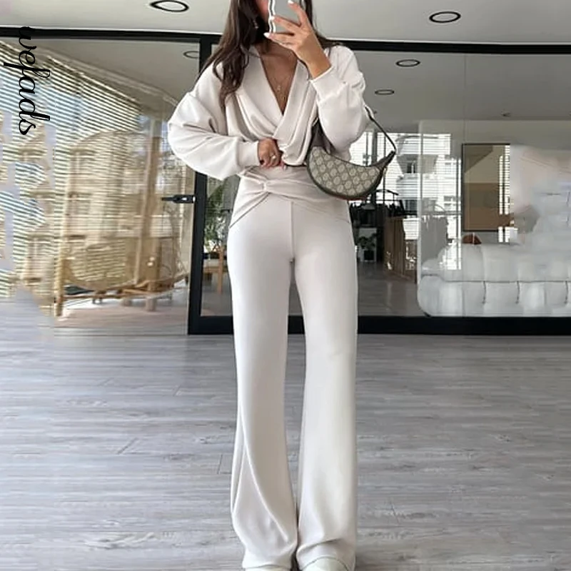 Wefads Women Two Piece Set Autumn Office Simple Solid Lapel Long Lantern Sleeve Single Breasted Button Shirt Top Loose Pants Set