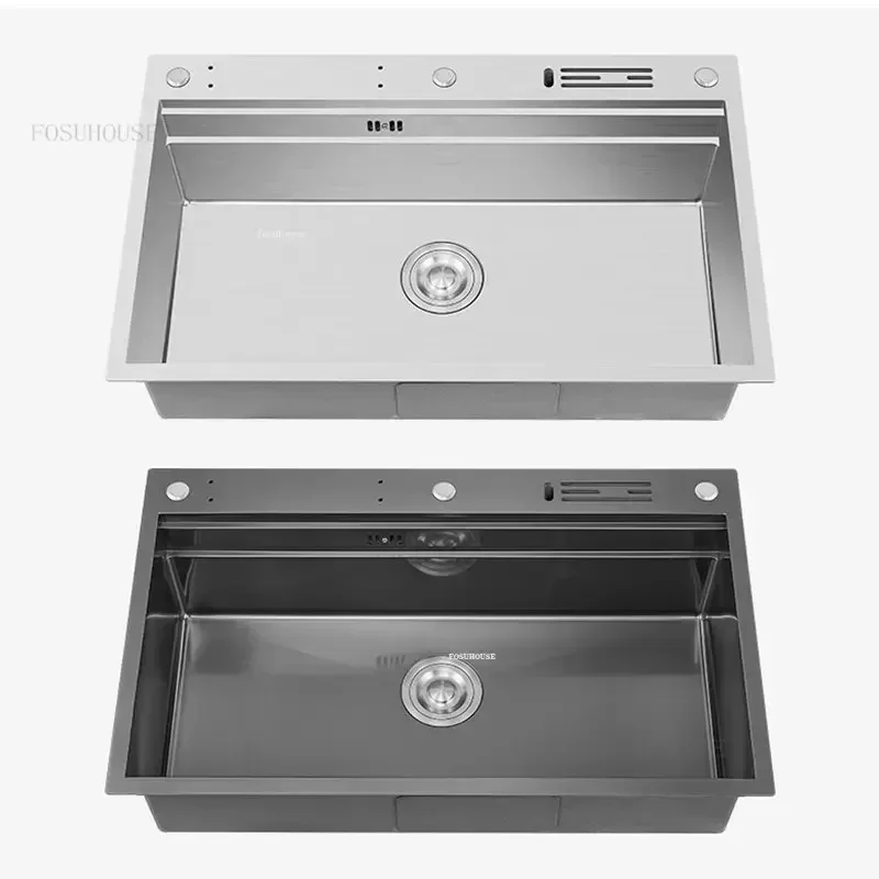 Stainless Steel Kitchen Sink Bar Single Basin Multi-function Kitchen Dish Sink with Knife Holder Home Nano Large Single-slot ZZ