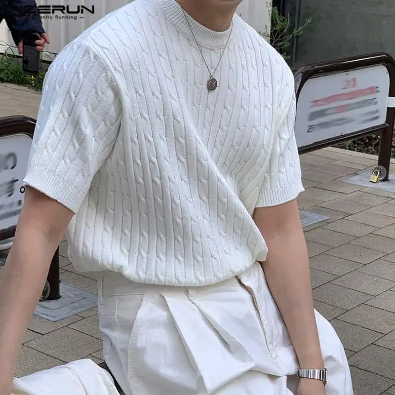

INCERUN Tops 2023 Handsome Men's Knitted O-Neck Striped T-shirts Casual Solid All-match Comfortable Short Sleeve Camiseta S-5XL