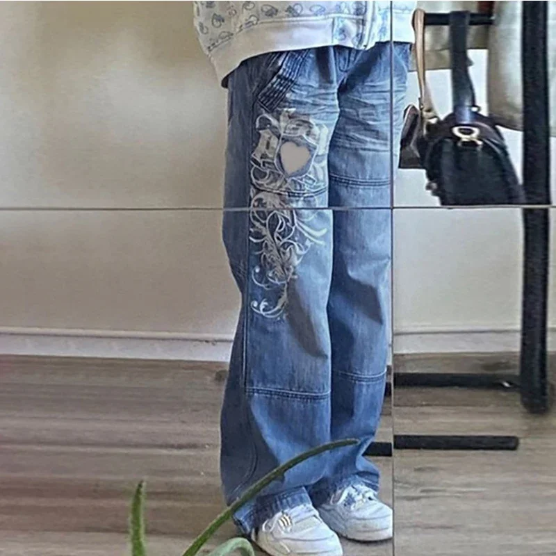 Printed Straight Jeans For Women, Spring High Waist, Slim And Loose Design, Niche Irregular Retro Blue Wide Legs