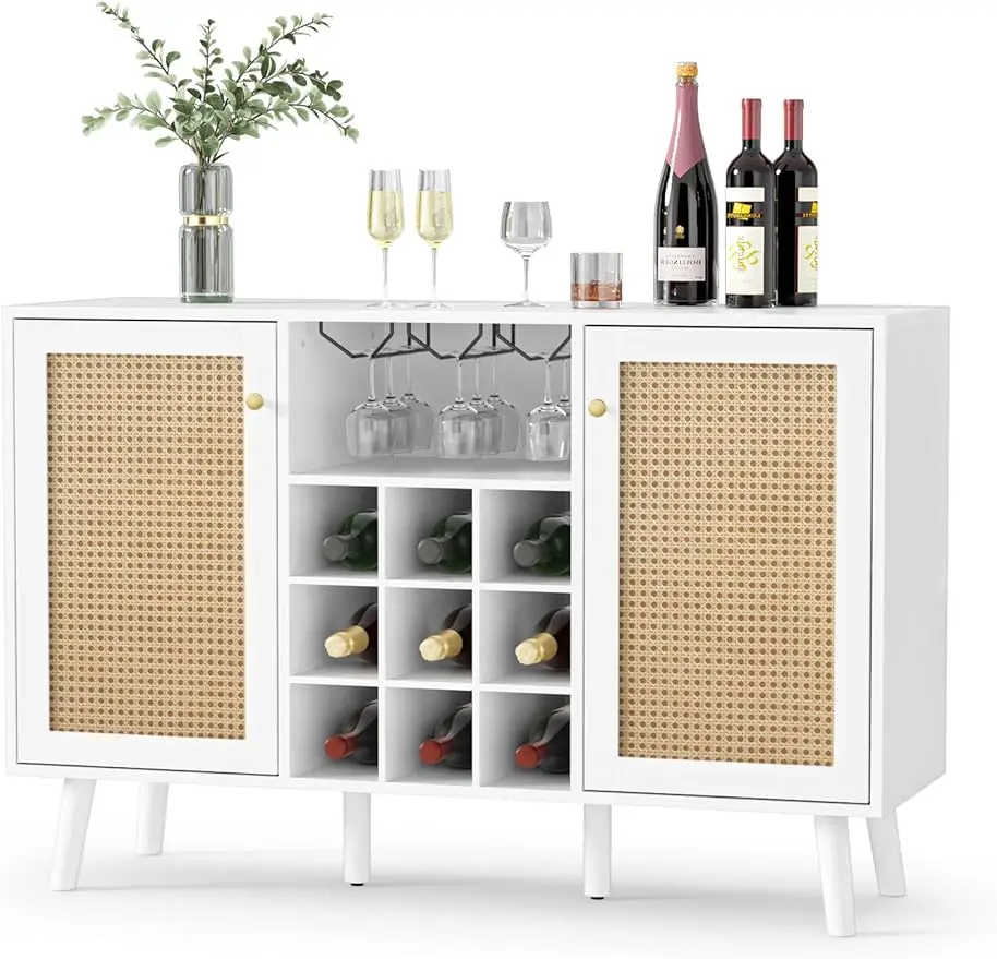 

Giluta Rattan Wine Bar Cabinet 2-Door Farmhouse Liquor Cabinet with Wine Rack and Glass Holder, White Sideboard Buffet Storage