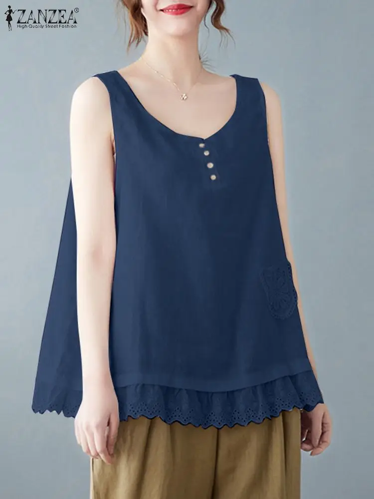 

ZANZEA Sleeveless Holiday Blusas 2024 Summer Lace Crochet Women Vintage Blouse Fashion Solid Color Female Shirt Tunic Tank Tops