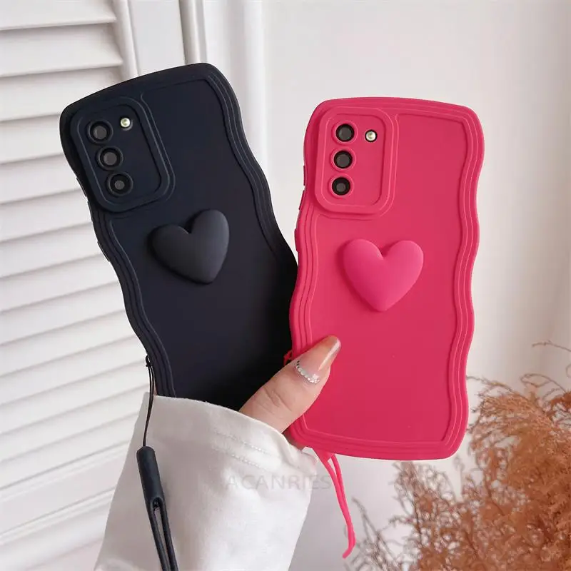 Love Heart Wavy Wrist Strap Silicone Phone Case with Lanyard Cover