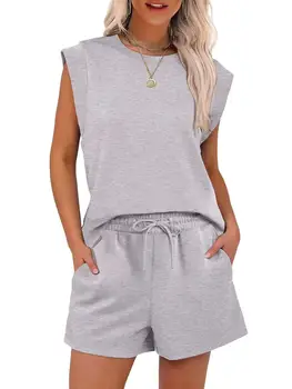 Women'S Summer Two-Piece Set Round Neck Cap Sleeve Top With Pocket Shorts Set 2025 New Women Slim Tops + Shorts Sets 1