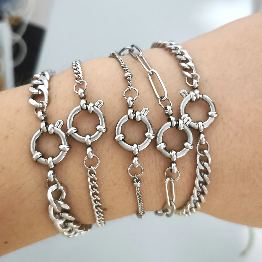 QMHJE Stainless Steel Bracelet Women Men Anchor Clasp Beads Chain Sailor Wheel Geometric Link Basic DIY Gold Silver Color Punk