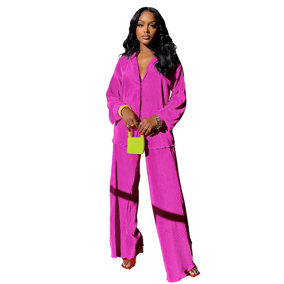 

Women 2 Piece Spring Outfits Loose Elegant Two Piece Sets Summer Waist Wide Leg Pants Suit Casusl Female Long Sleeve Top Trouser