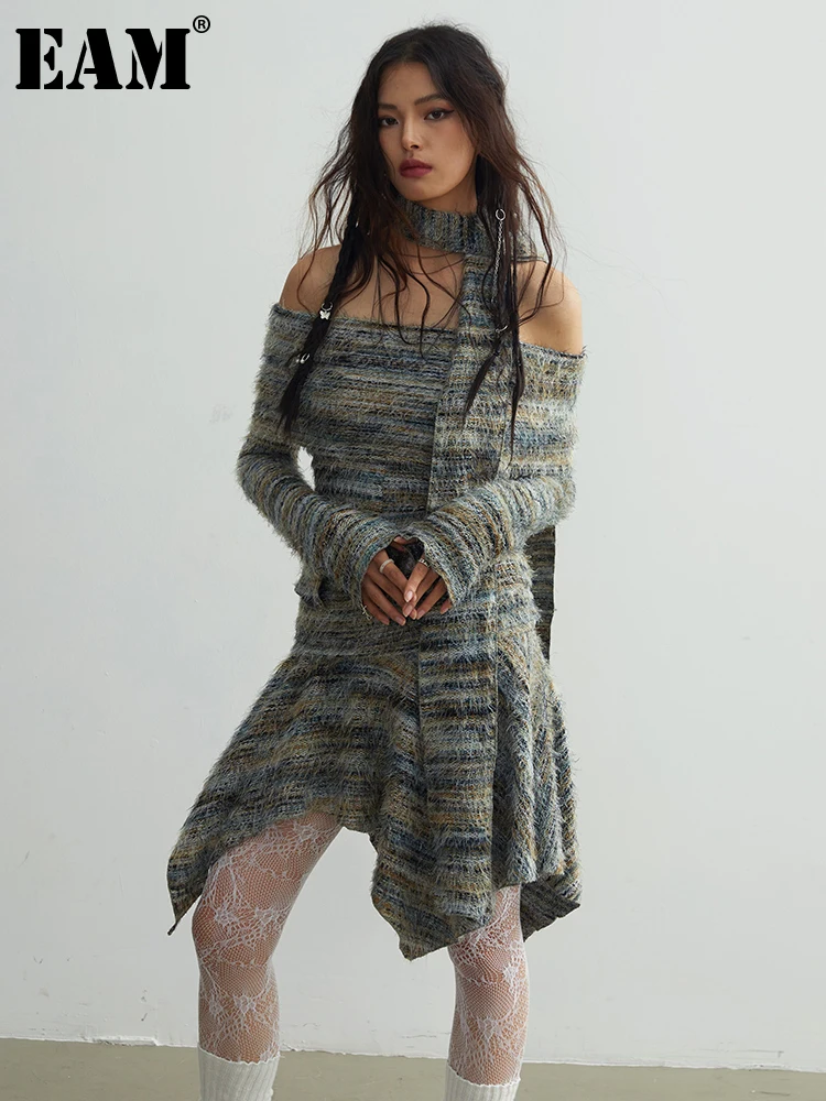 

[EAM] Slash Neck Sweater With Scarf Knitting Irregular Mini Skirt Suits Women Fashion Tide New Spring Autumn 2023 1DH2111