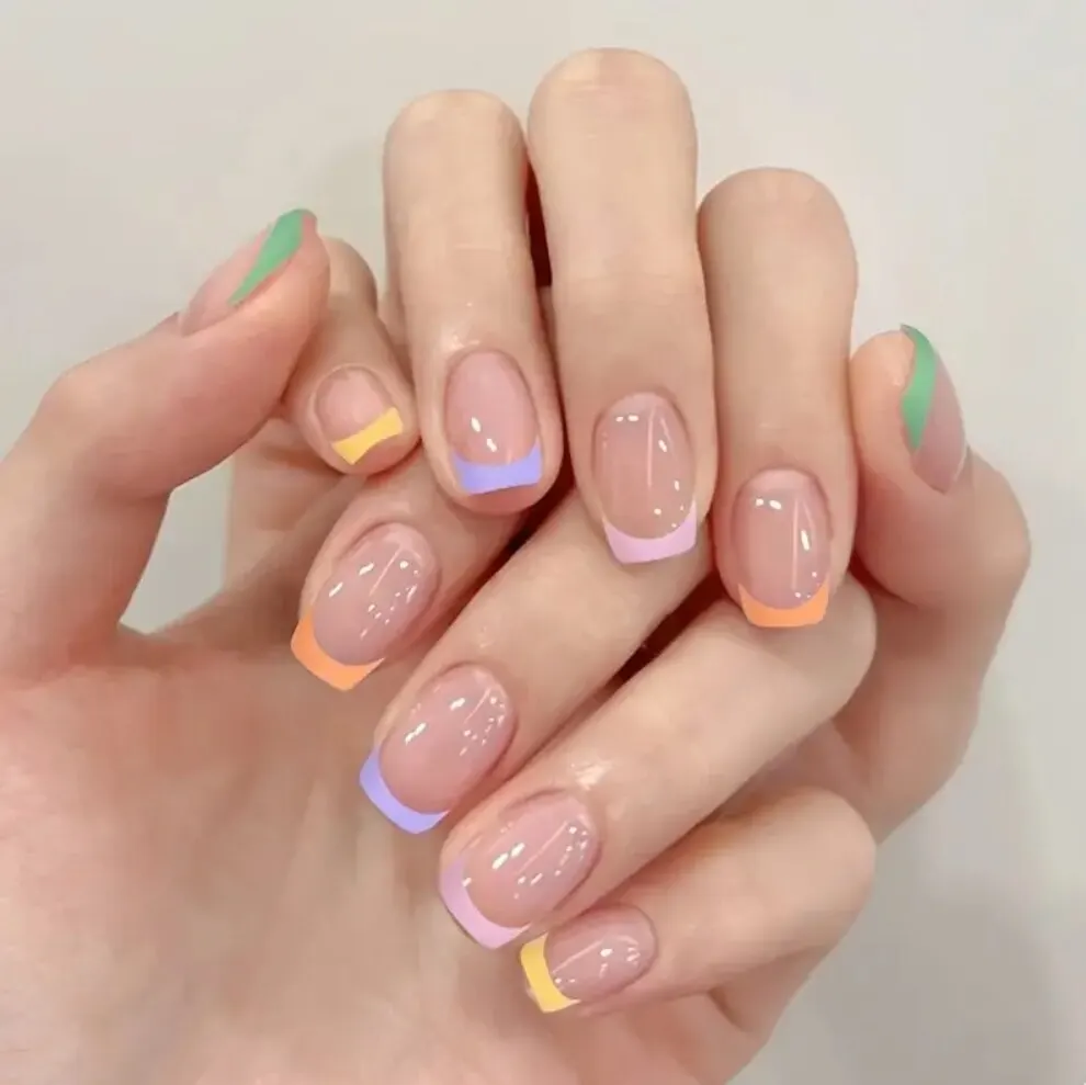 Square Press On Nails Short Fake Nails French Tip Colorful Glue On Nails With Designs 24 Pcs Glossy Acrylic Nails For Women And