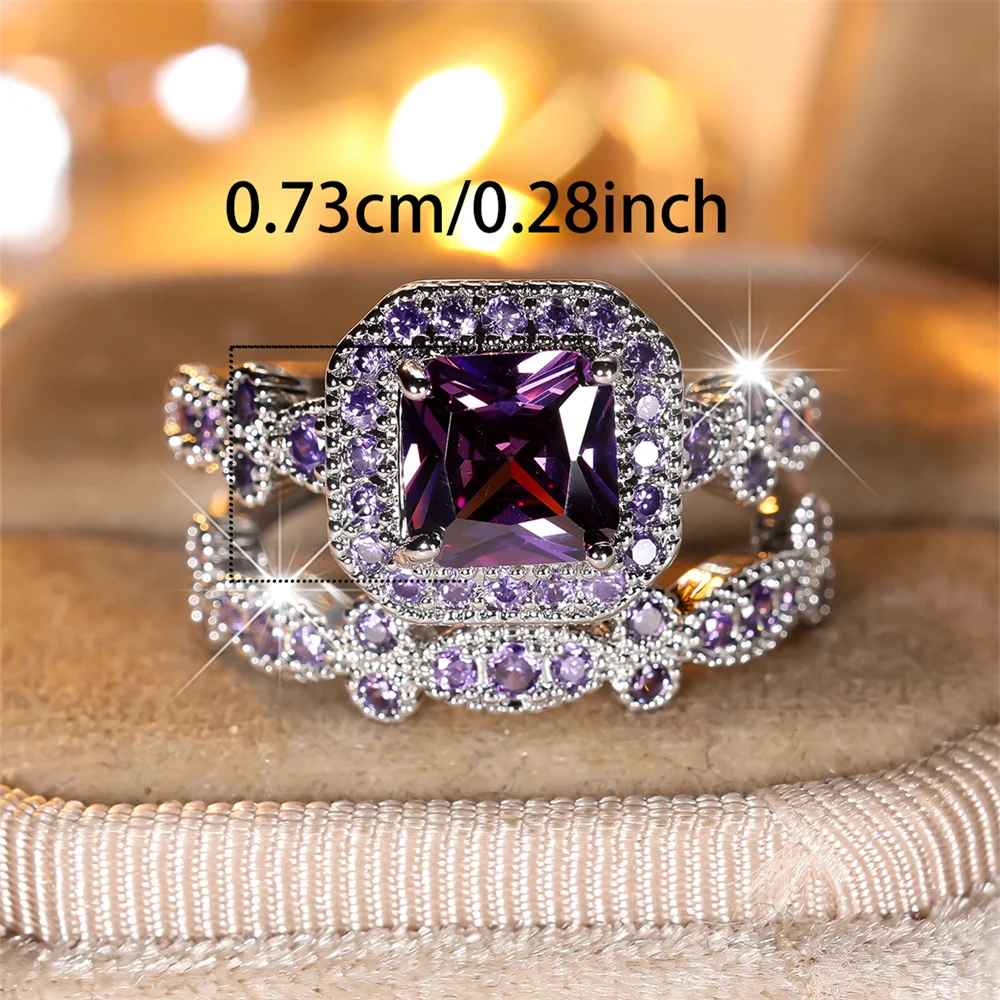 2pcs/Set Square Stone Purple Crystal Engagement Promise Ring Sets For Women Vintage Silver Color Wedding Jewelry Bridal Set Gift