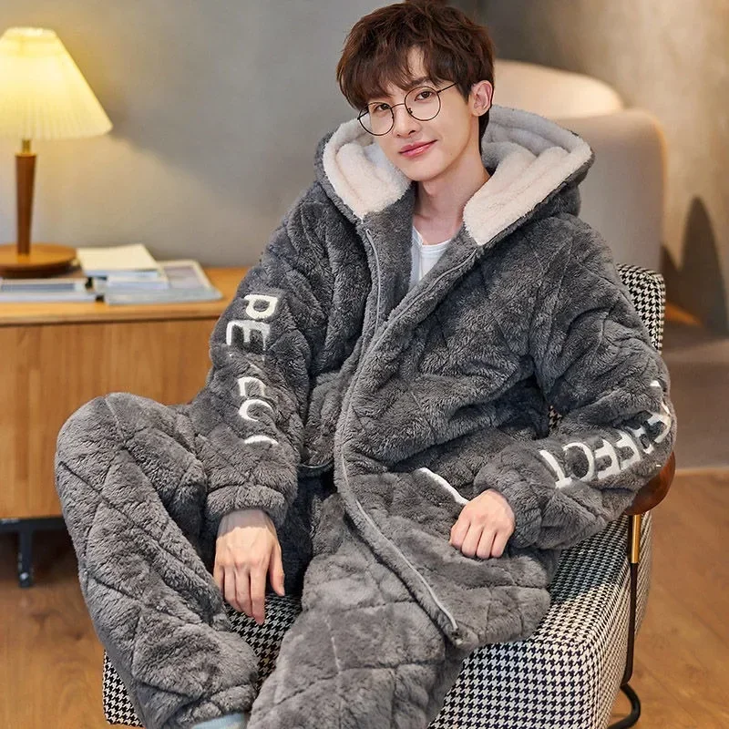 Pajamas Men Homewear Suit Winter Coral Fleece Home Sleep Clothes Thickened Three Layers Cotton Male Teen Hooded Loungewear Set