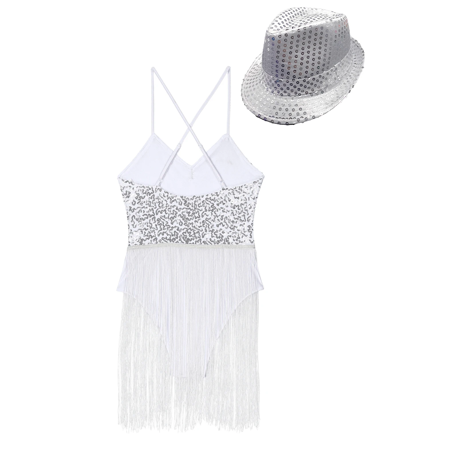 Womens Glittery Sequins Latin Cha-Cha Dance Leotard Set Fringed Bodysuit V Neck Adjustable Straps Tassel Leotard with Hat