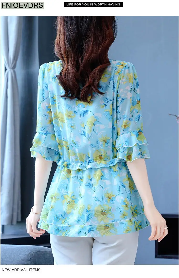 S-4XL Loose Clothes 2023 Women Summer Slim Waist Drawstring Ruffles Shirts Casual Chiffon Floral Tunic Peplum Tops And Blouses