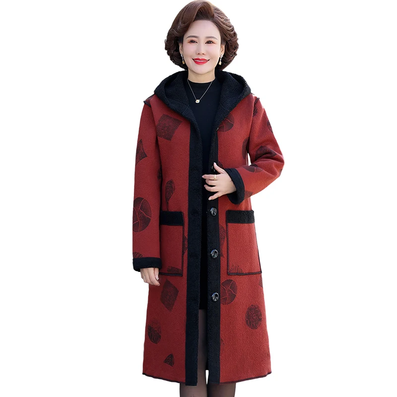 

Parka Winter Windbreaker Women Plush hood Trench Coat Middle aged mother Printed long warm Outerwear Women Clothing