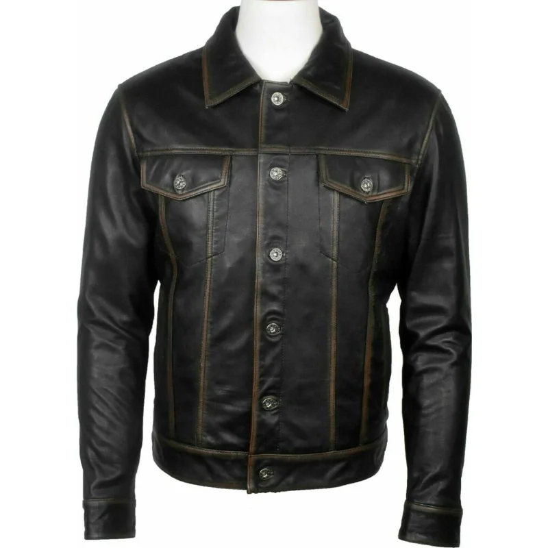 Mens Trucker Black Real Soft Genuine Leather Biker Cafe Racer Vintage Jacket