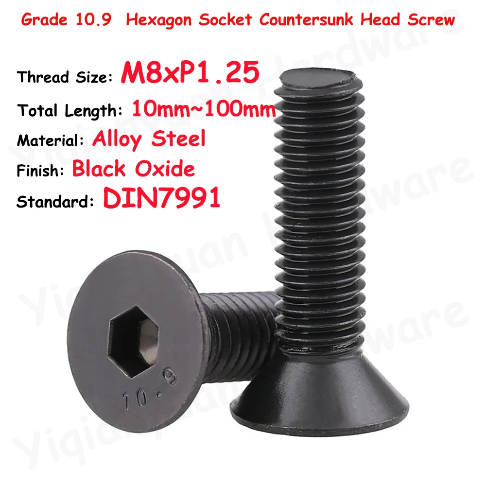 

DIN7991 M8xP1.25 Coarse Thread Grade 10.9 Alloy Steel Hexagon Socket Countersunk Head Cap Screw Black Oxide Allen Key Flat Bolts