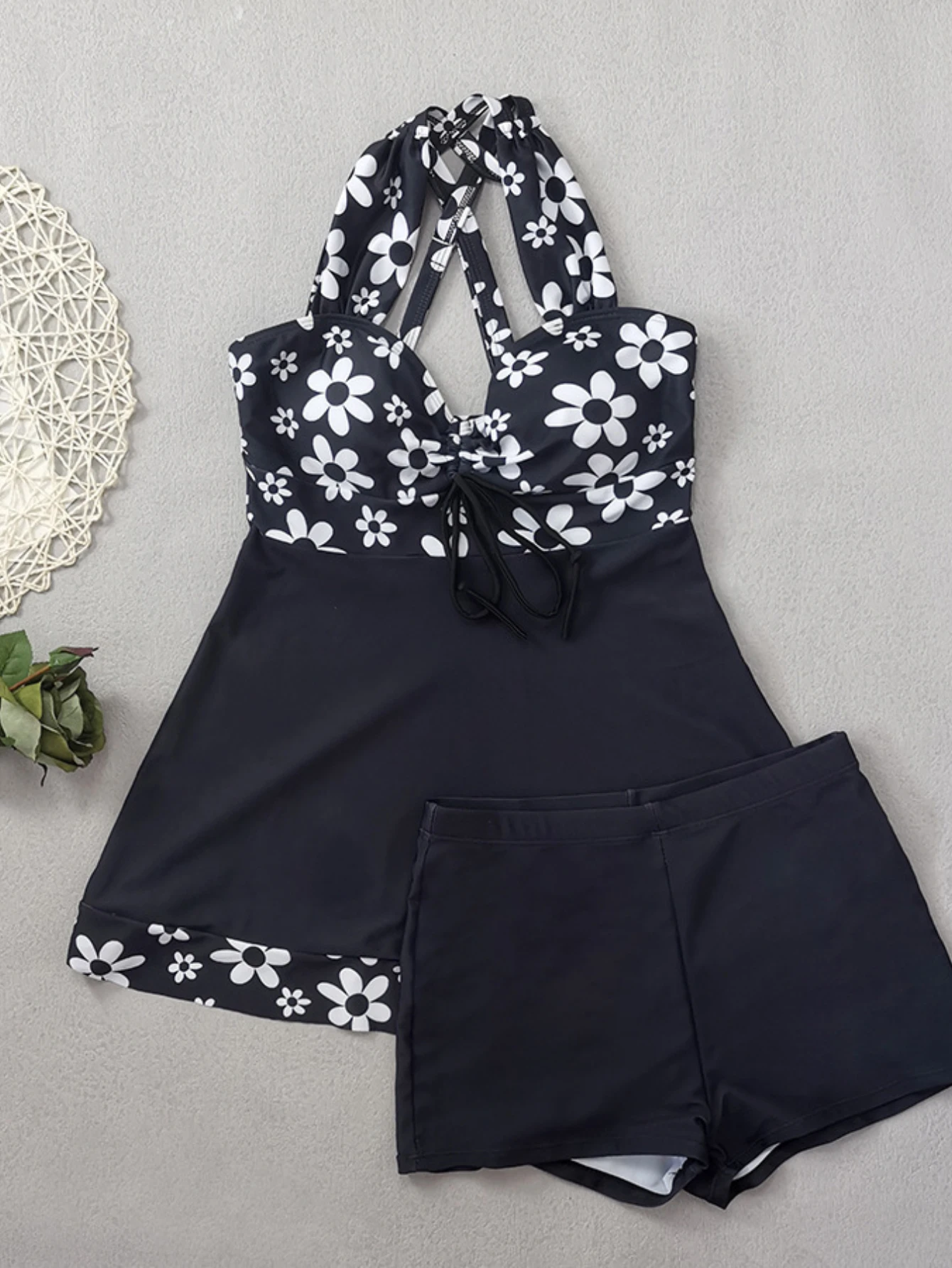 Bikini Set Women Swimwear Bikini Swimsuit Vintage Black Flower Print Skirt Bikini Set Front Bow Crop Top Bathing Suit Swimwear Women's High Waist Swimsuit Tankini