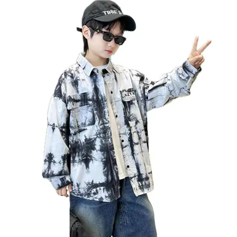 

2024 Spring Teen Boys Ink Printing Shirts New Fashion Jackets Top for Kids Long Sleeve Clothes Casual Costume 5 7 9 11 13 14Year