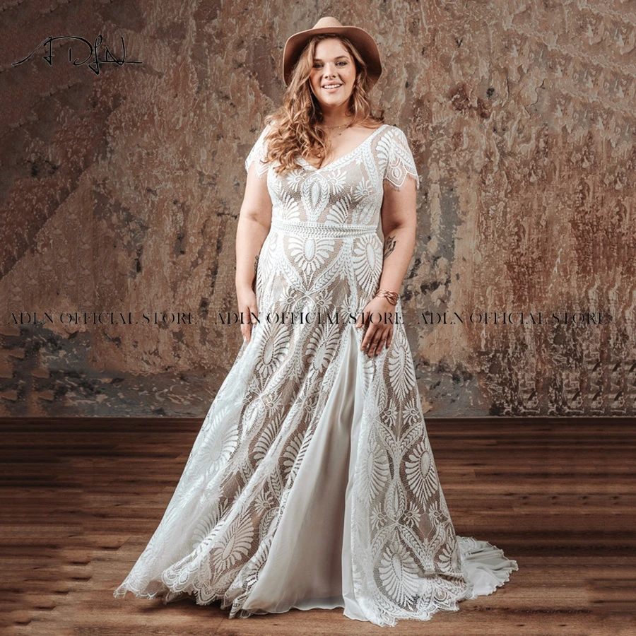 2023 V-neck Short Sleeves Plus Size Wedding Dresses Custom Made A-line  Bohemian Lace Bride Dress OverSize Vestido de Novia - AliExpress