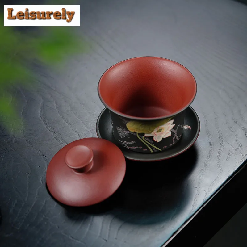 200ml Yixing Purple Clay Gaiwan Famous Mud-painted Lotus Tea Tureen Beauty Tea Infuser Cover Bowl Chinese Handmade Zisha Set