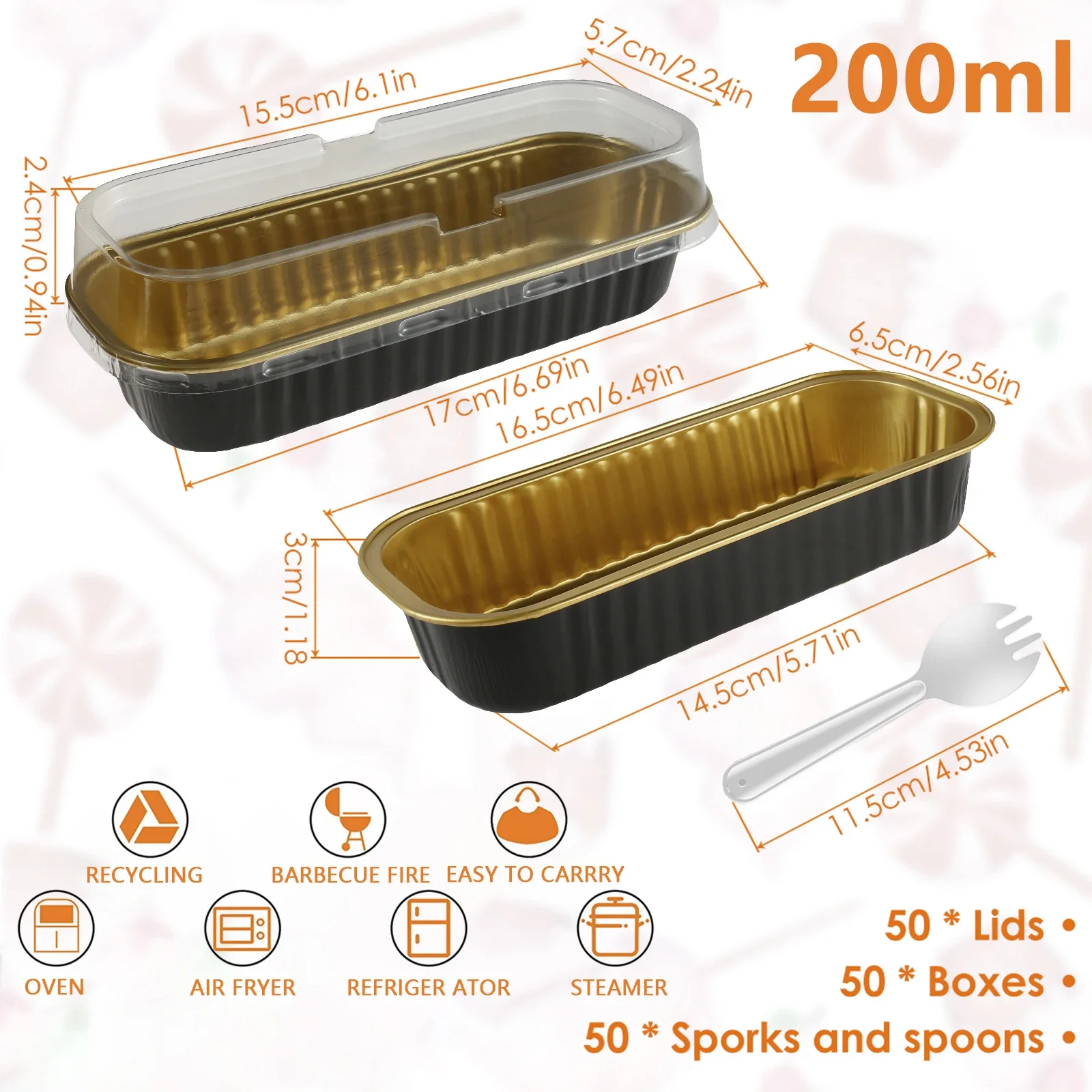 150Pcs Mini Cake Pans with Lids and Spoons 200ml Non-Stick Foil Baking Loaf Pans Rectangular Foil Bread Container for Kitchen