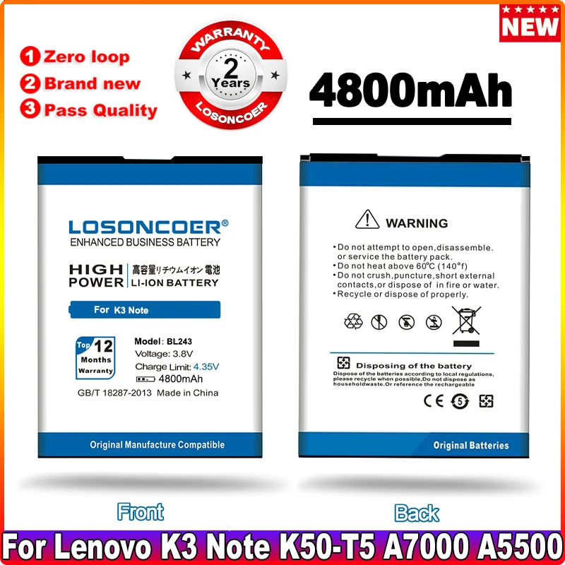 

LOSONCOER 4800mAh BL243 Battery For Lenovo K3 Note K50-T5 A7000 A5500 A7600 A5600 A7600-M