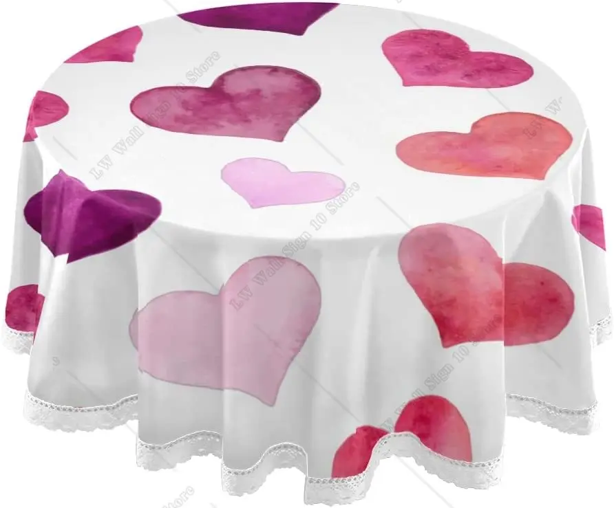 

Round Table Cloth Hearts Valentine's Day Table Cover Nordic Twill Tablecloth Washable Dining Decorative for Holiday Home Party