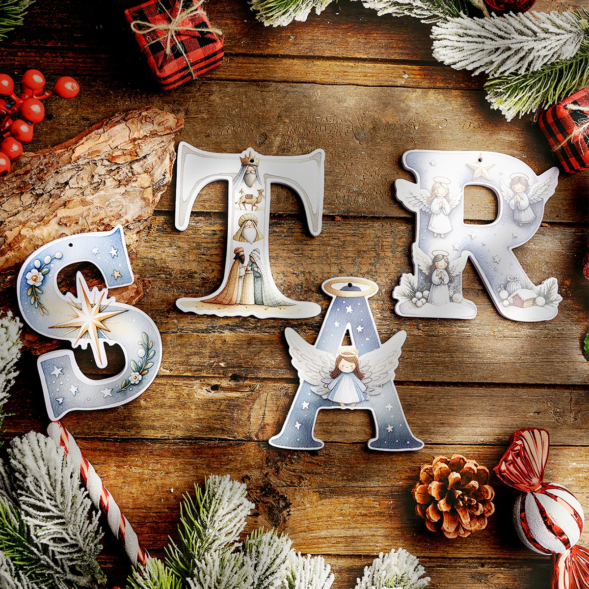 1 Christmas tree letter pendant PVC material, 26 Nativity, angel letter home decoration pendants, warm and healing style of indo