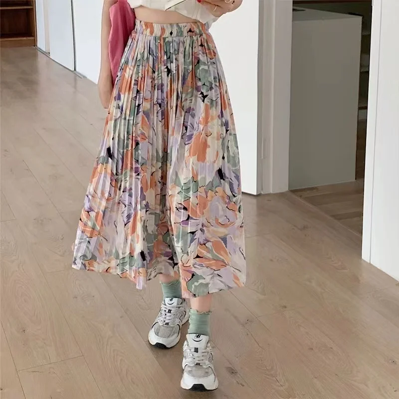 ALSEY Miyake Women's Halter Printed Kawaii High Waist Slim Spring Summer New Elegant Lightweight Mid-Length Pleated Long Skirt