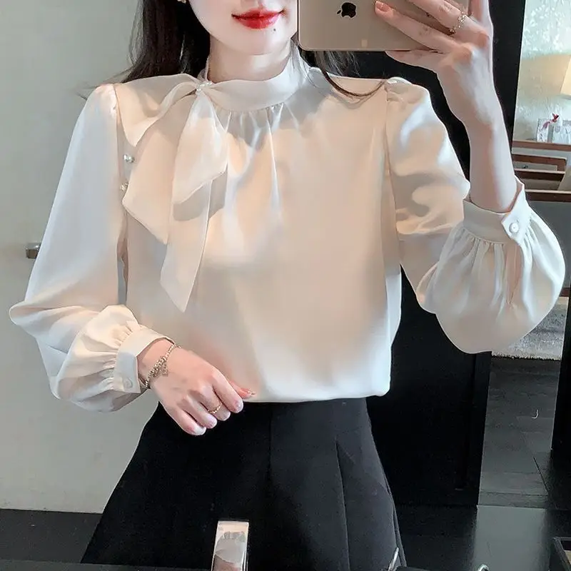 

Spring Autumn New Solid Color Blouse Women Round Neck Fashion Long Sleeve Pullovers High Street Casual Button Patchwork Bow Tops