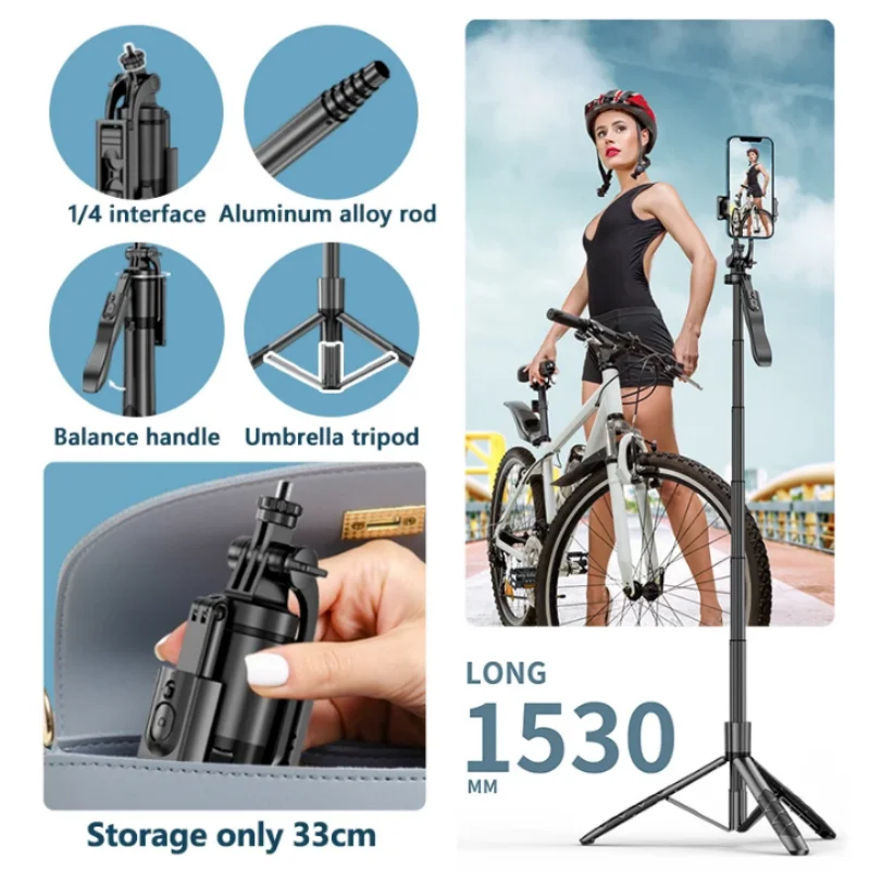 FANGTUOSI Wireless Selfie Stick Tripod 1530mm Foldable Monopod for Gopro Action Cameras Smartphones iPhone 13 14 Xiaomi phone tripod selfie stick
