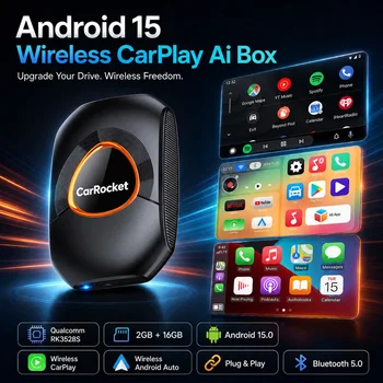 Adattatore wireless CarRocket 5.0 per CarPlay e Android Auto, compatibile con auto OEM, Plug and Play, connessione automatica WiFi e Bluetooth.