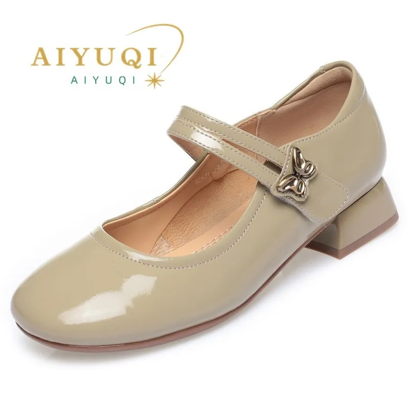 

AIYUQI Women's Mary Jane Shoes 2024 Spring Genuine Leather Women's Shoes Mid Heel Patent Leather Women's Office Shoes