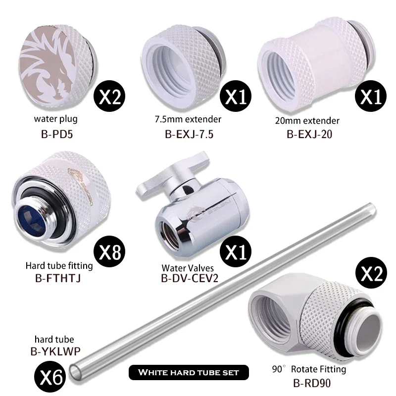 

Bykski 16mm Hard Pipe Fitting Kit For Water Cooling PETG /Acrylic Tube, Stop/Extender/Valve/Angled/Rigid Tubing Series Fitting