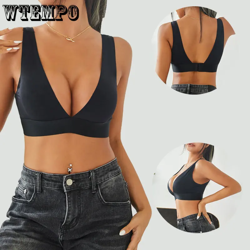 

Seamless Bras for Women Black Sexy V-neck No Steel Ring Bralette Gather Invisible Summer Beauty Back Sensual Push Up Bra