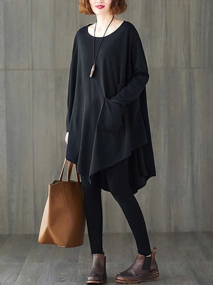 Black Vintage Irregular Dress Women Long Sleeve Pocket Casual Loose Mini Short Ladies Dresses Elegant Clothes Spring Autumn 2025