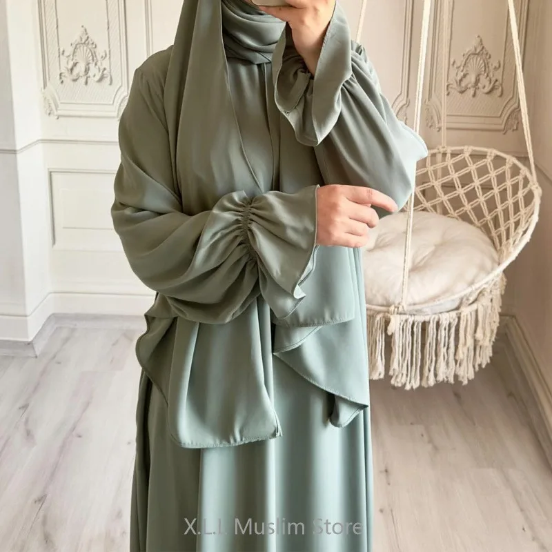 Eid Ramadan Plain Abaya With Integrated Hijab Scarf Women's Prayer Garment Muslim Dubai Kaftan Islam Robe Clothing Djellaba