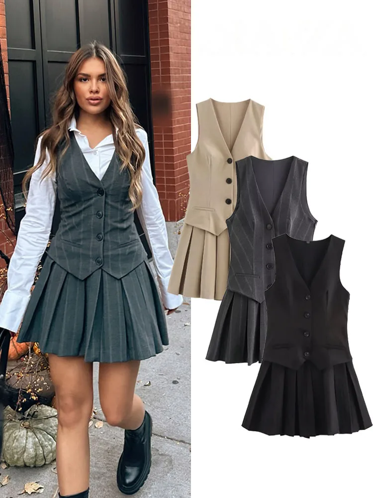 HH Summer Fashion Women Dresses Grey Stripe V-Neck Sleeveless Pockets Single Breasted Female Sexy Chic Pleated Dress 3 Color 1